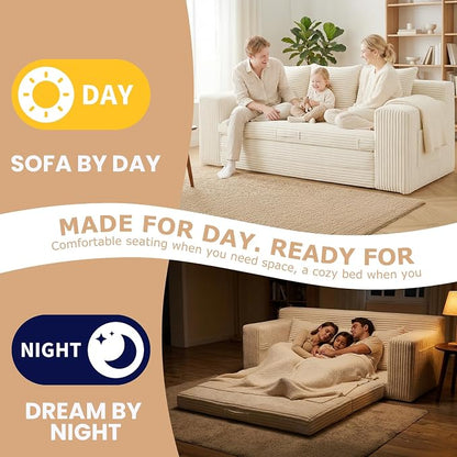 Boneless Couch Sofa Bed, 70'' Convertible Tri-Folding Futon Sleeper with Handle & Side Pockets, Pull Out Couch Bed with Hook and Loop No Assembly for Small Space,Living Room & Bedroom