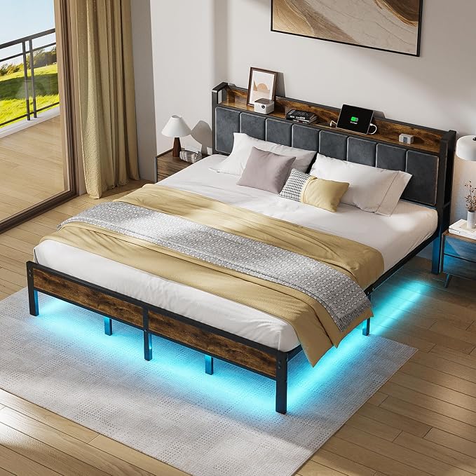 ALBERTO King Size Bed Frame with LED Lights, Upholstered Headboard with Storage and Charging Station, Metal Platform with Slats, No Box Spring Needed, Easy Assembly