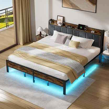 ALBERTO King Size Bed Frame with LED Lights, Upholstered Headboard with Storage and Charging Station, Metal Platform with Slats, No Box Spring Needed, Easy Assembly