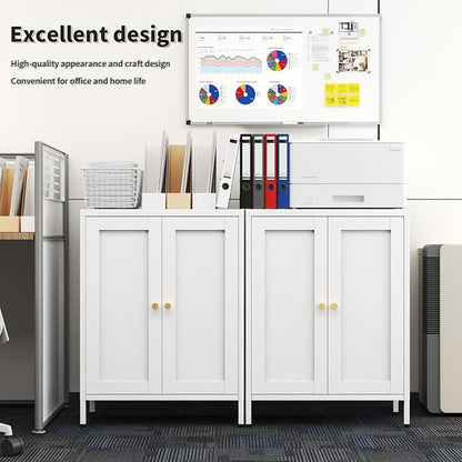 White Metal Storage Cabinet with 2 Doors - 31.5''H Bathroom Floor Storage Cabinet, 3 Tier Locker with Adjustable Shelves, Bathroom Cabinet for Office, Home, Living Room, Kitchen