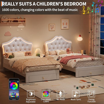Twin Size Bed Frame for Girls with Storage Drawers & LED Lights, Upholstered Platform Bed, Velvet Crystal Button Princess Bed, Noise-Free Slats, No Box Spring Needed for Kids, Teens, White