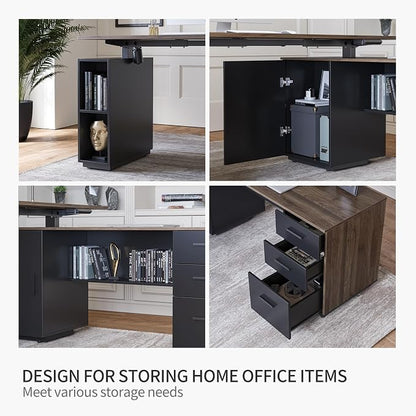 FEZIBO 63" L Shaped Standing Desk with Storage, Executive Height Adjustable Table, Deep Wood Grainy