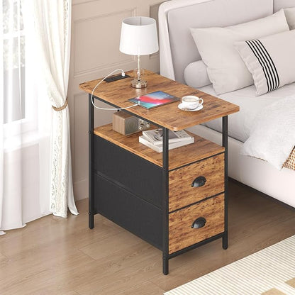 sthmec End Table with Charging Station, Narrow Side Table with 2 Drawers, Nightstands with Drawers, USB Ports & Power Oulets,Slim Sofa Side Tables for Small Spaces,Living Room,Bedroom,Rustic Brown