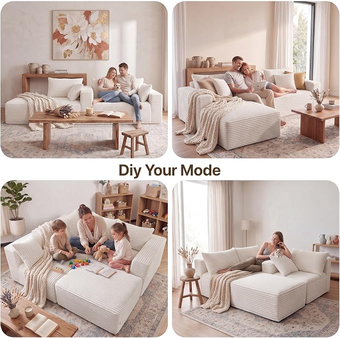 Claiks 94" Boneless Couch, Cloud Couch Sectional, L-Shape Corduroy Modular Sectional Sofa Deep Seat, Upholstered Couches for Living Room, No Assembly Required, Beige