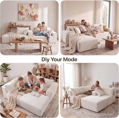 Claiks 94" Boneless Couch, Cloud Couch Sectional, L-Shape Corduroy Modular Sectional Sofa Deep Seat, Upholstered Couches for Living Room, No Assembly Required, Beige