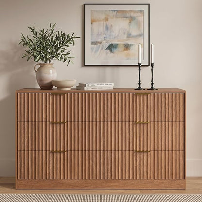 6 Drawer Dresser for Bedroom, 55" Wide Fluted Chest of Drawers with Gold Metal Handles, Wood Dresser Storage Organizer Mid Century TV Stand for Living Room Closet Hallway Light Walnut