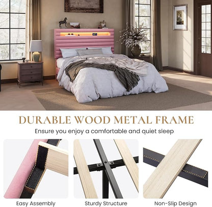 SHA CERLIN Full Bed Frame with LED Light & 2-Tier Storage Shelf, Velvet Upholstered Adjustable Headboard with Charing Station, Horizontal Channel Tufted, No Box Spring Needed, Easy Assembly, Pink