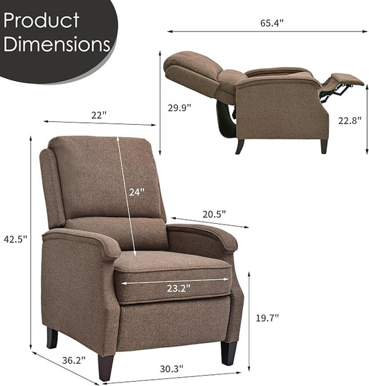 VKNOW Recliner Chair, Fabric Recliner with Soft Armrest, Home Theater Seating with Adjustable Push Back and Lumbar Support, Single Sofa for Adults, Lounge Chair for Living Room, Bedroom（Brown）