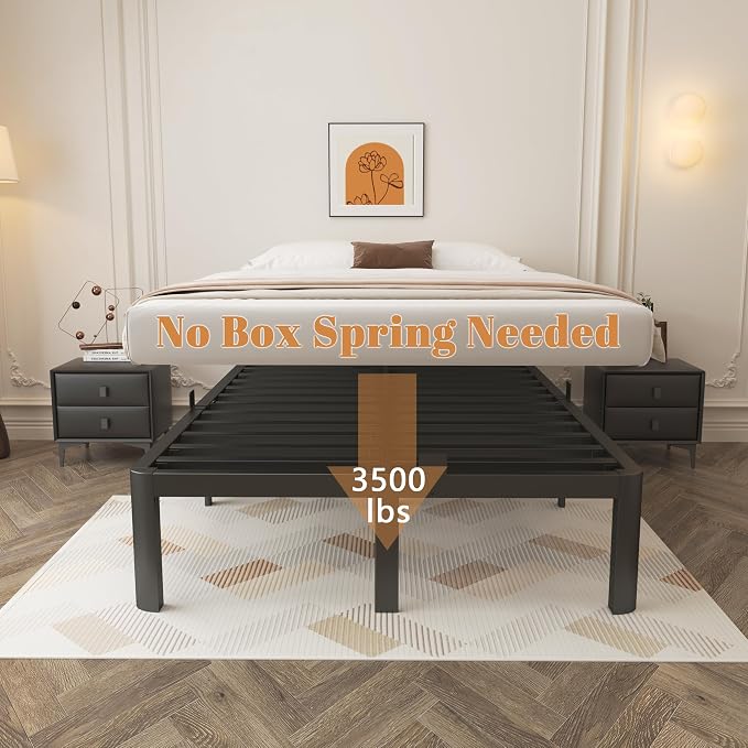 14 Inch Queen Bed Frame, Black Bed Frame Queen Size with Metal Baffles, No Box Spring Needed, Heavy Duty Steel Platform Support to 3500LBS, Round Corner Design, Noiseless, Storage Space