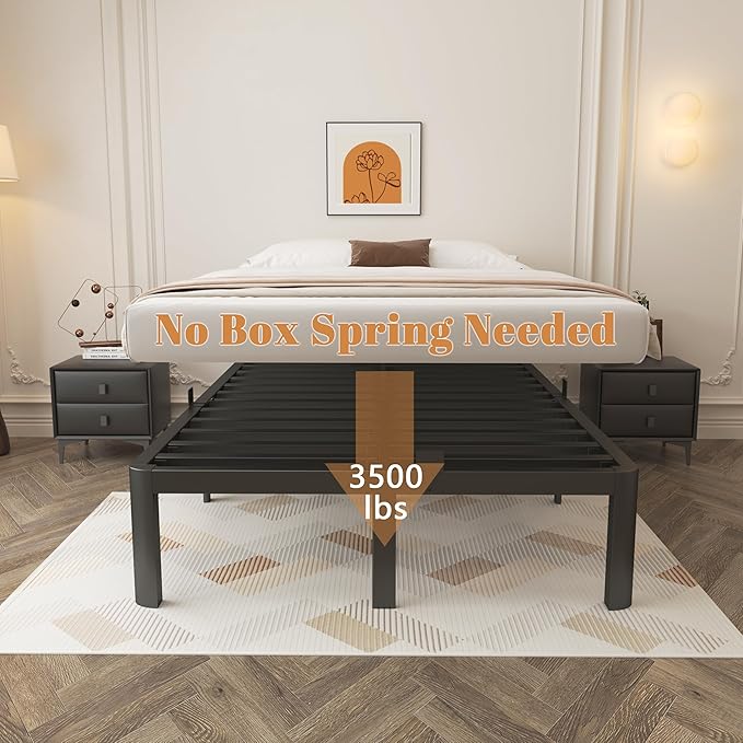 14 Inch King Size Bed Frame, Black King Bed Frame with Metal Anti-Slip Baffles, No Box Spring Needed, Heavy Duty Steel Platform Support, Round Corner Design, Noiseless, Storage Space