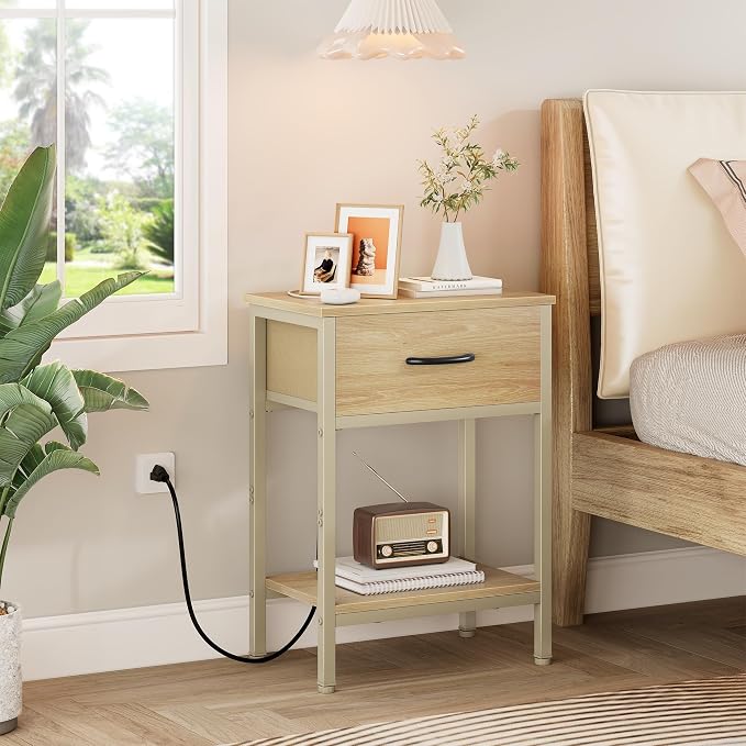 Vagusicc Nightstand Set of 2 with Charging Station, Bed Side Table with Fabric Drawer, Small End Table with 2-Tier Storage Shelves, 25.4" Tall Bedside Table, Night Stand for Bedroom Dorm, Natural