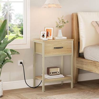 Vagusicc Nightstand Set of 2 with Charging Station, Bed Side Table with Fabric Drawer, Small End Table with 2-Tier Storage Shelves, 25.4" Tall Bedside Table, Night Stand for Bedroom Dorm, Natural