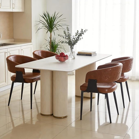 Atoll Modern Accent Dining Chairs Set of 4 with Upholstered PU Leather Seat & Curved Back, Metal Legs, Mid-Century Kitchen Chair for Dining Room, Living Room or Office (4, Brown)