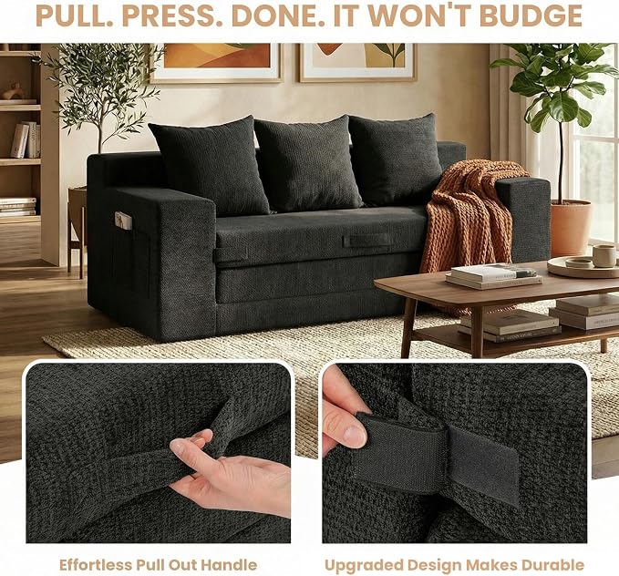 Boneless Couch Sofa Bed, 70'' Convertible Tri-Folding Futon Sleeper with Handle & Side Pockets, Pull Out Couch Bed with Hook and Loop No Assembly for Small Space,Living Room & Bedroom