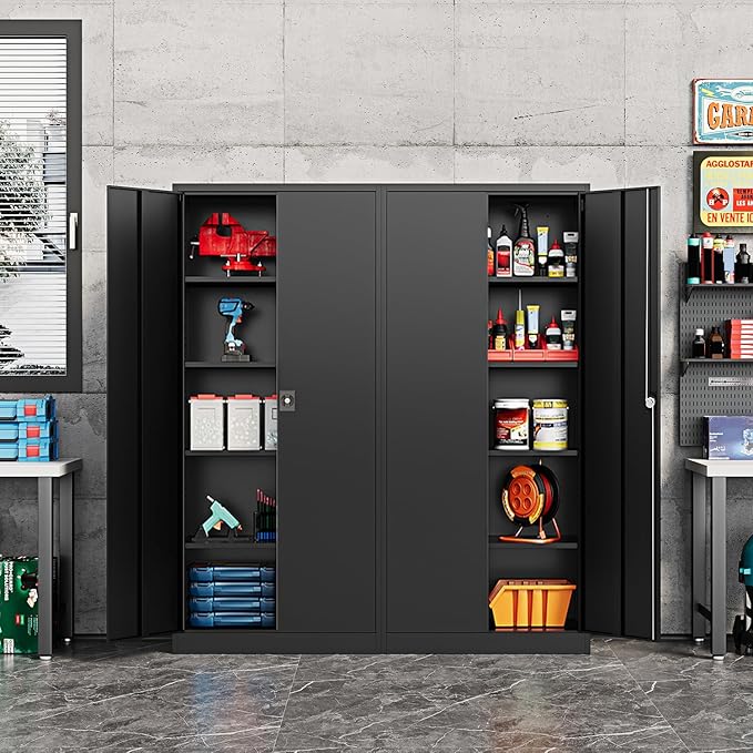 Fesbos Metal Storage Cabinet-71” Tall Steel File Cabinets with Lockable Doors and Adjustable Shelves-Black Steel Storage Cabinet for Home,Kitchen, School, Office, Garage