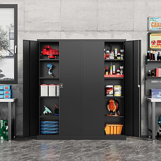 Fesbos Metal Storage Cabinet-72” Black Tall Steel File Cabinets with Lockable Doors and Adjustable Shelves-Black Steel Storage Cabinet for Kitchen, Office, Garage