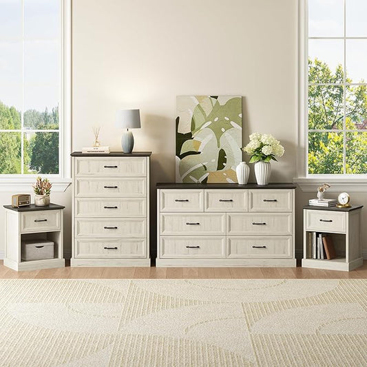 CARPETNAL Farmhouse Dresser and Nightstand Sets for Bedroom, 4 Pcs Bedroom Set, 5 Drawer & 7 Drawer Dresser and Nightstand Set of 2, Wood Chest of Drawers for Living Room, Entryway, White
