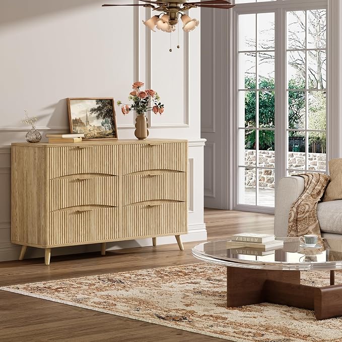 Evermagin 3-Piece Bedroom Furniture Set for Bedroom, 55" Wide Fluted 6-Drawer Dresser with 2 Nightstands, Mid-Century Modern Dresser and Nightstand Set (Natural)