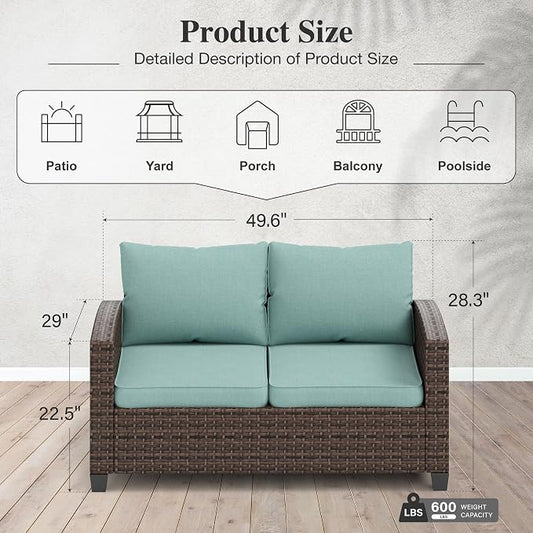 HERA'S HOUSE Outdoor Loveseat Patio Sofa, 2-Seat Wicker Couch with 4" Waterproof Thick Cushions, Deep Seating Furniture for Garden Porch Backyard, Blue