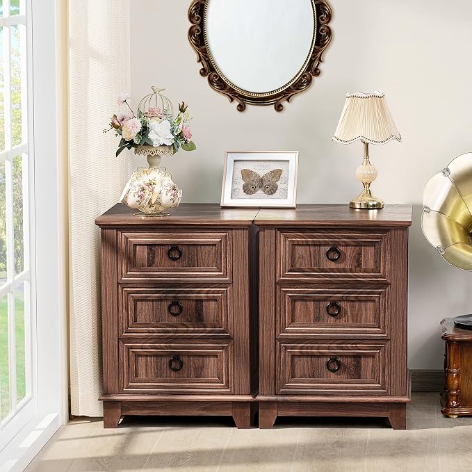 Joaxswe Farmhouse Nightstand Set of 2, 18 Inch End Table with 3 Drawer Metal Handle, Dresser for Bedroom, Sofa Bed Side Table Chest of Drawers,Wood Night Stand Cabinet for Organizer, Living Room-Brown