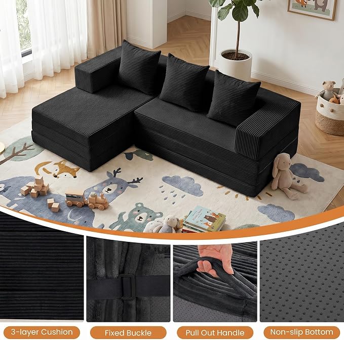 65" Boneless Couch,Convertible Sleeper Sofa Bed, Mini Modular Sectional Sofa, Modern Tri-Folding Cloud Couch with L-Shape Chaise, Corduroy Futon Couches for Small Spaces Apartment,No Assembly,Black