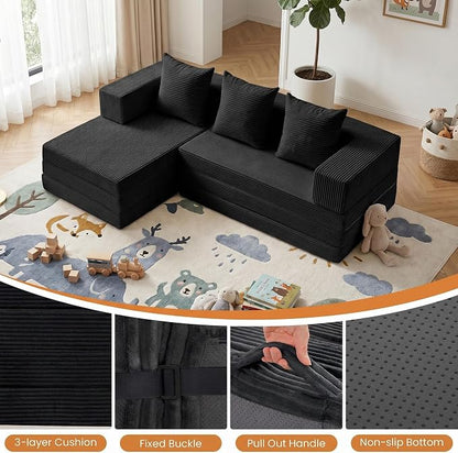 65" Boneless Couch,Convertible Sleeper Sofa Bed, Mini Modular Sectional Sofa, Modern Tri-Folding Cloud Couch with L-Shape Chaise, Corduroy Futon Couches for Small Spaces Apartment,No Assembly,Black