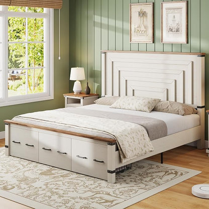 AMERLIFE 2 Pieces Farmhouse Bedroom Set, Includes Wood Rustic King Size Bed Frame with 51" Tall Headboard, 48" Tall 5 Drawers Dresser Chest, Heavy Duty Thick Plank Styling, Antique White