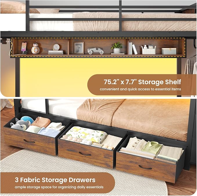 VIAGDO Bunk Bed Twin Over Twin with 8 Storage Drawers and Power Outlets, LED Twin Bunk Beds with Hall Tree and Shelves, Metal Bunk Beds with Safety Guardrail & Ladder for Dorms, Kids, Black
