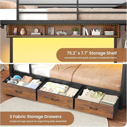 VIAGDO Bunk Bed Twin Over Twin with 8 Storage Drawers and Power Outlets, LED Twin Bunk Beds with Hall Tree and Shelves, Metal Bunk Beds with Safety Guardrail & Ladder for Dorms, Kids, Black