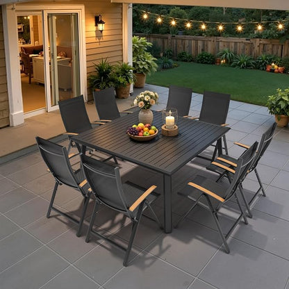 Pellebant 9 Pieces Aluminum Patio Table and Chairs Set - 57" Square Table and Foldable Chairs Outdoor Dining Set with Umbrella Hole, Weather Resistant Sturdy Frame for Deck, Porch & Backyard