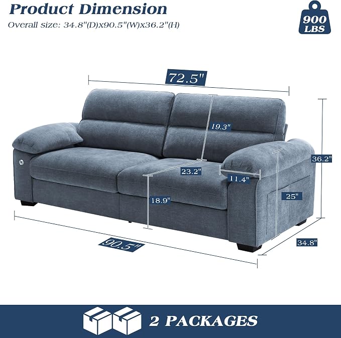 WorthFurni Sofas for Living Room, Chenille Pillow-Armrest Loveseat Couch Set, Small Sofa, 3 Seater Sofa, USB Charging, Removable Sofa Cover, Solid Wood Frame, Easy to Install (90.5 inch, Blue)