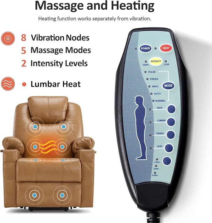 MCombo Power Lift Recliner Chair for Elderly, Lift Chair with Heat and Massage, FSC Certified, USB Ports, Cup Holders, Faux Leather 7141 (Tawny, Small)