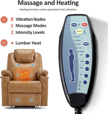 MCombo Power Lift Recliner Chair for Elderly, Lift Chair with Heat and Massage, FSC Certified, USB Ports, Cup Holders, Faux Leather 7141 (Tawny, Small)
