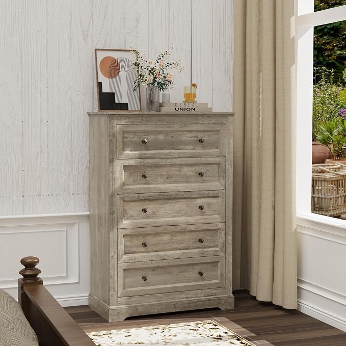 LOUVIXA Farmhouse Bedroom Sets of 4, Including 9 Drawer Dresser, 5 Drawer Dressers and Nightstand Set of 2 with Charging Station (Grey Sets, 4 Pieces)