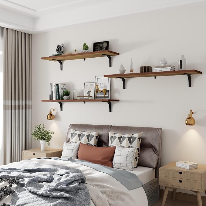 Deep Floating Shelves, 12 Inch Extra Wide Solid Wood Wall Shelves, Heavy Duty Wall Mounted Bookshelf for Living Room, Kitchen and Bedroom, Set of 3 (36 Inch, Brown)
