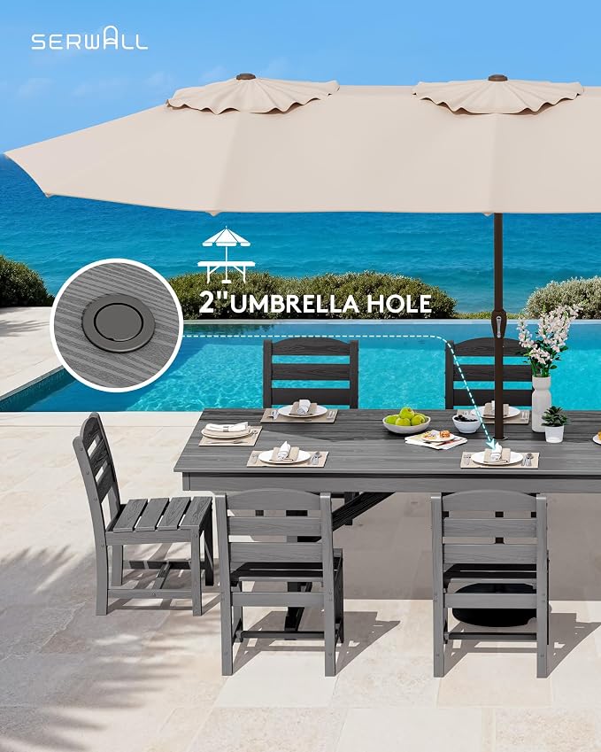 SERWALL 9 Piece 84" HDPE Outdoor Dining Set for 8 with Armless Chairs and Umbrelle Hole, Gray