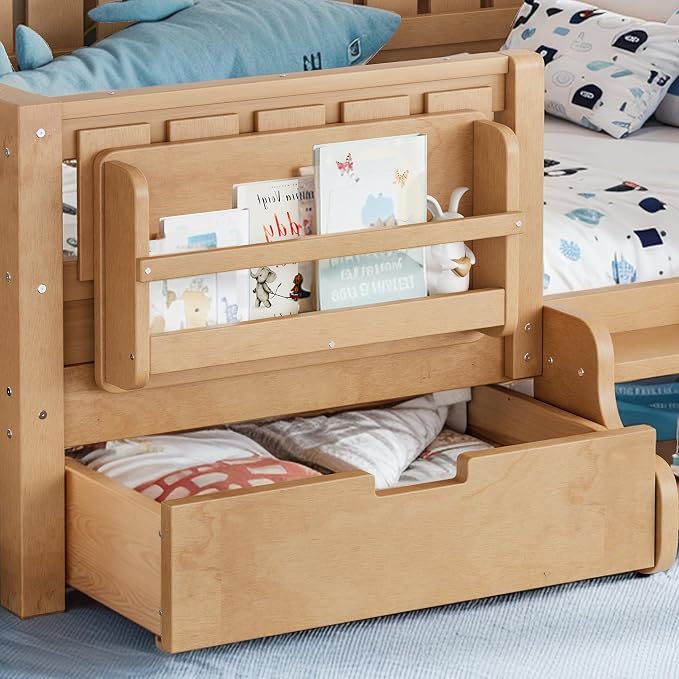 Bellemave Full Floor Bed with Stairs, Rails and Slats, Full Size Montessori Floor Bed with Bookshelf and 2 Storage Drawers, Easy Assemble Montessori Beds Frame for Girls, Boys, Deep Natural