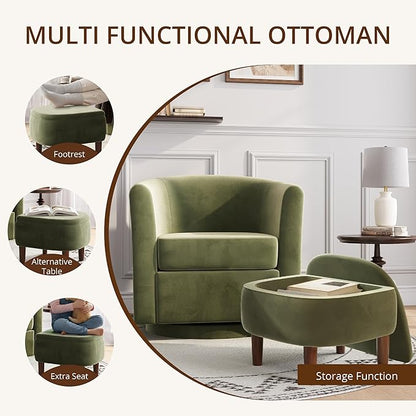 Swivel Accent Chair with Storage Ottoman Set of 2, Small Modern Velvet Barrel Chair, Upholstered Armchair with Footrest for Living Room/Reading/Bedroom, 24.8'' D x 25.38'' W x 25.6'' H, Green