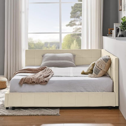 Bellemave Full Size Corner Bed Frame with Comfortable Backrest and Armrests, Velvet Tufted Corner Bed Frame Full Size, Upholstered Daybed for Bedroom, Living Room, Guest Room, Beige
