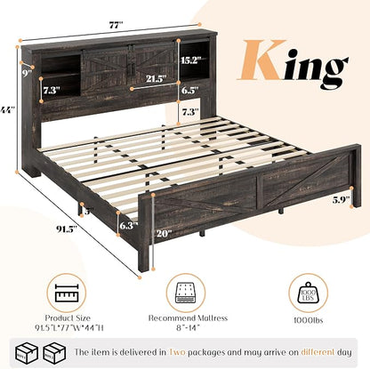 AMERLIFE 4 Pieces Farmhouse Bedroom Set, Includes King Size Bookcase Headboard Bed Frame, 5 Drawer Tall Dresser, 47'' Dresser with 4 Drawers, 60" Dresser with 4 Drawers, Black Oak