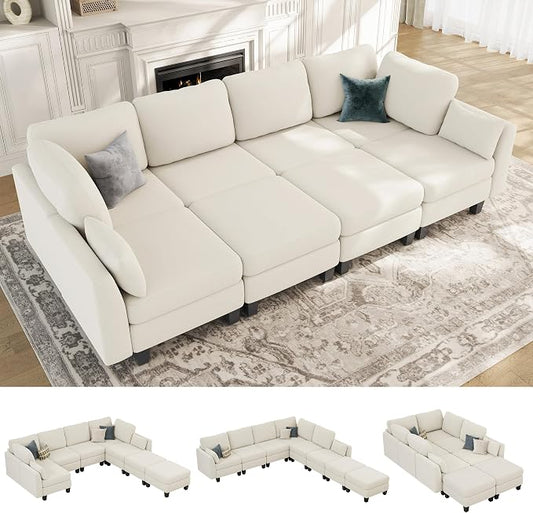 Sectional Sleeper Sofa, 8 Seaters Modular Sleeper Sofa Couch, Comfy Sectionals Couches Bed, Convertible Sofas with Ottomans, Modular Sectional Couches for Living Room, Beige