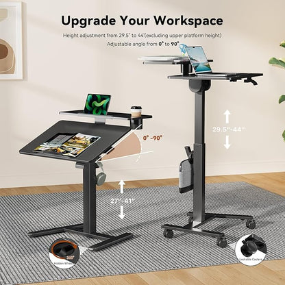 28Inch Rolling Standing Desk On Wheels， Small Computer Workstation Adjustable Height， Mobile Laptop Stand with Tiltable Desktop， 2-Tier Portable Study Table with Storage Shelves， Black