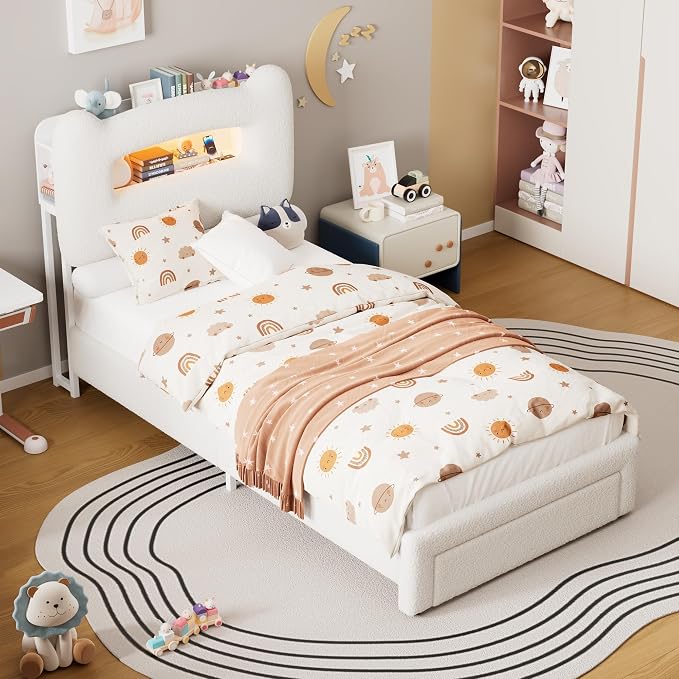 GarveeHome LED Full Bed Frame with 2-Tier Storage Headboard, Upholstered Platform Bed with Charging Station and Drawer, Metal Support, No Box Spring Needed, Beige