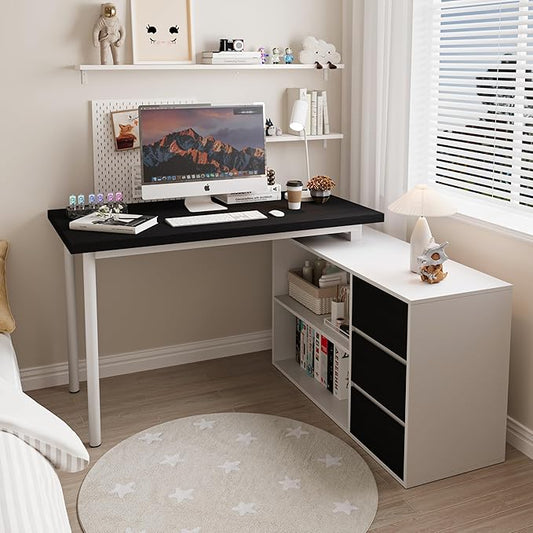 Bobve L Shaped Computer Desk, 47 Inch Home Office Desk with File Drawers & Storage Shelves, Small Corner Computer Desk for Small Space (White+Black)