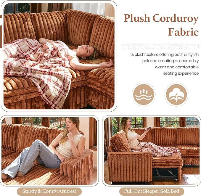 Belffin Modular Sectional Sofa with Storage Chaise Corduroy Sleeper Sofa with Pull Out Bed L Shaped Couch for Living Room. Apartment Couch. Brick-red