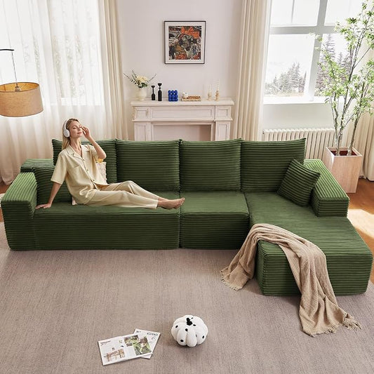 135" Cloud Sectional Couch with L-Shape Chaise, Modern Modular Comfy Sofa Chaise Longue, Upholstered Corduroy Couches Sleeper with Deep Seat for Living Room Bedroom, No Assembly Required, Green