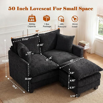 50'' L-Shape Loveseat Sofa with 22" Ottoman, 2 Seat Modern Cloud Couch with 2 Washable Pillows for Small Space Apartment Office Living Room Bedroom, Black