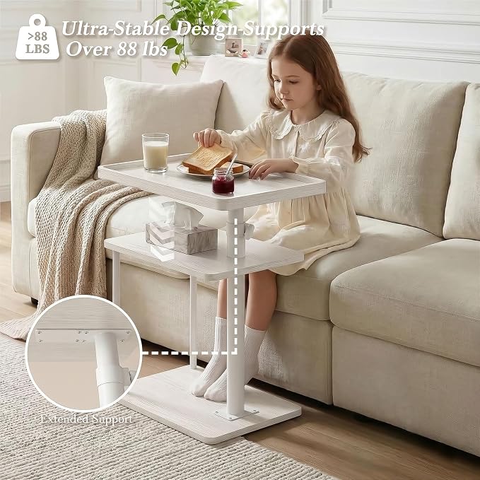 Faesun C Table End Table Adjustable Height, 360°Swivel TV Tray Table for Small Spaces, Small Nightstand for Living Room, Bedroom, White
