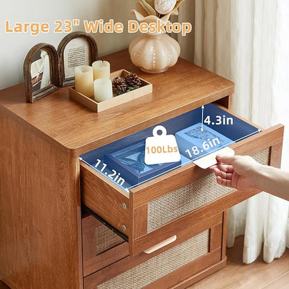 LEYAOYAO Rattan Night Stand with Drawers, 23" Large 3 Drawer Boho Nightstand, Natural Wood Bedside Table Storage Cabinet, Bed Side End Tables Dresser for Bedroom, Living Room, Hallway, Closet