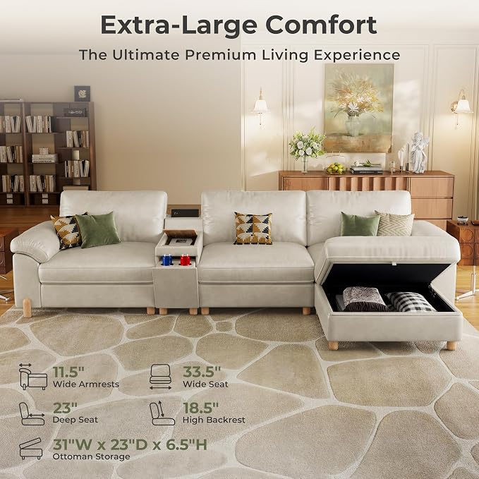 SITJOY Large Cloud Couch, 132" Wide 3 Seater L Shaped with Console, White | Pet-Friendly Scratch-Resistant Leather Sectional Sofas for Living Room, Deep Seat Wide Couch with Chaise, Storage Ottoman